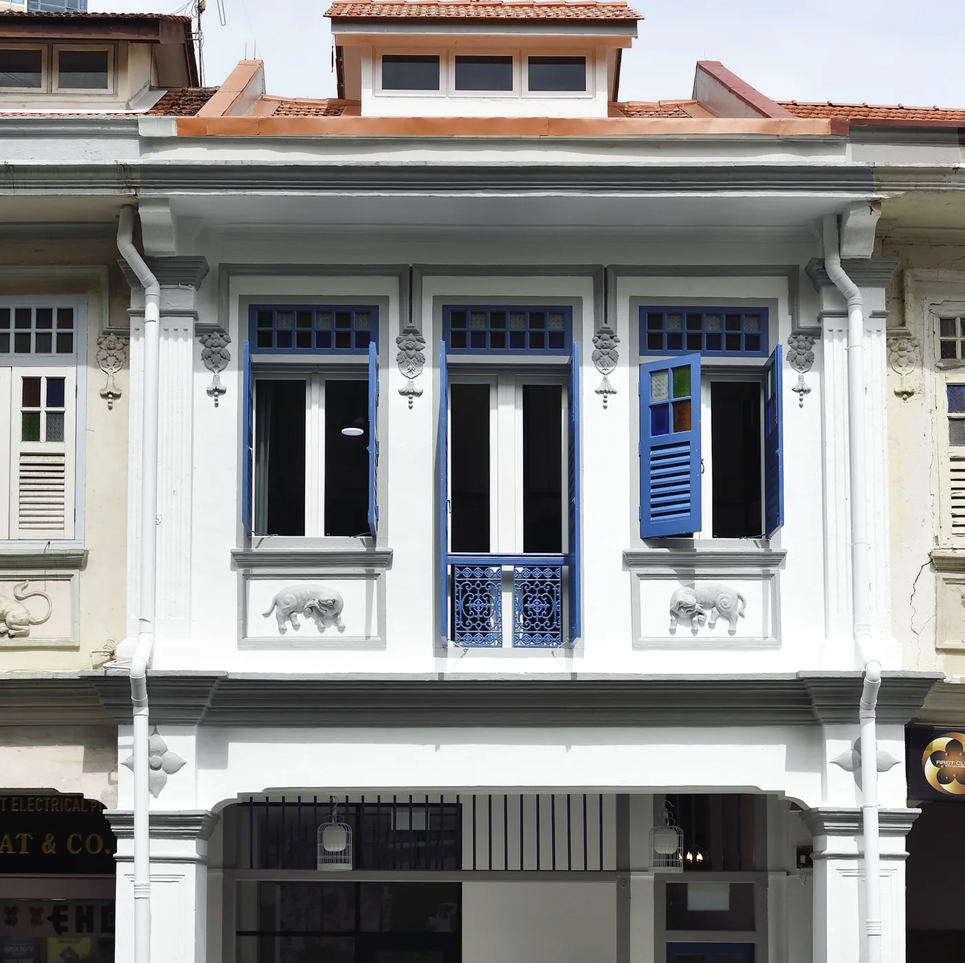 The conserved facade of Kongsi House at 6 Sam Leong Road